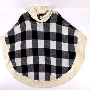 Talbots Black & Ivory Buffalo Plaid Checked Wool Poncho Sweater Size Small